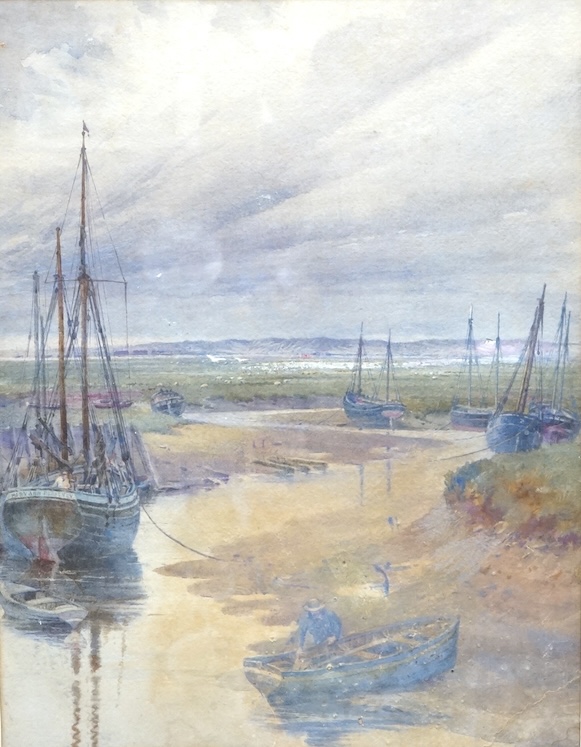 20th century School, Riverscape with moored boats, Blakeney, Norfolk, watercolour, 46 x 35cm